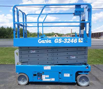 a 12m genielift electric scissor lift in its stowed position ready for deployment