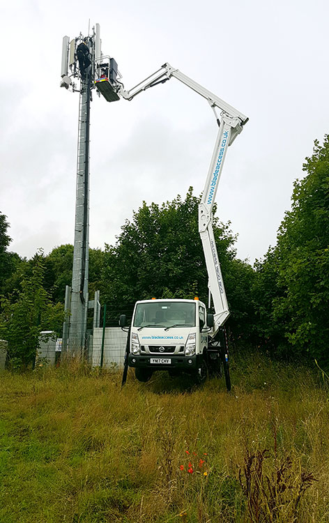 A 21m truck mounted platform allows an operator to access a telecoms tower