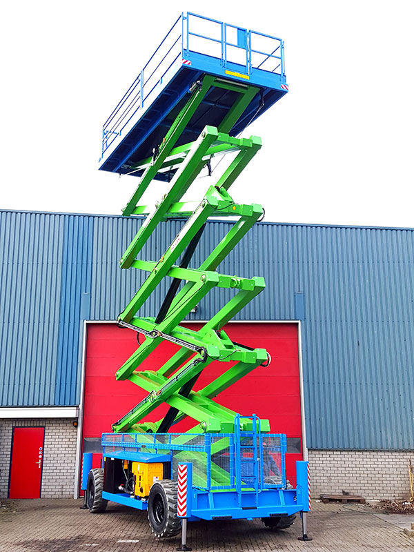 19m Diesel Scissor Lift Hire Being Used To Inspect A roof On Rough Terrain