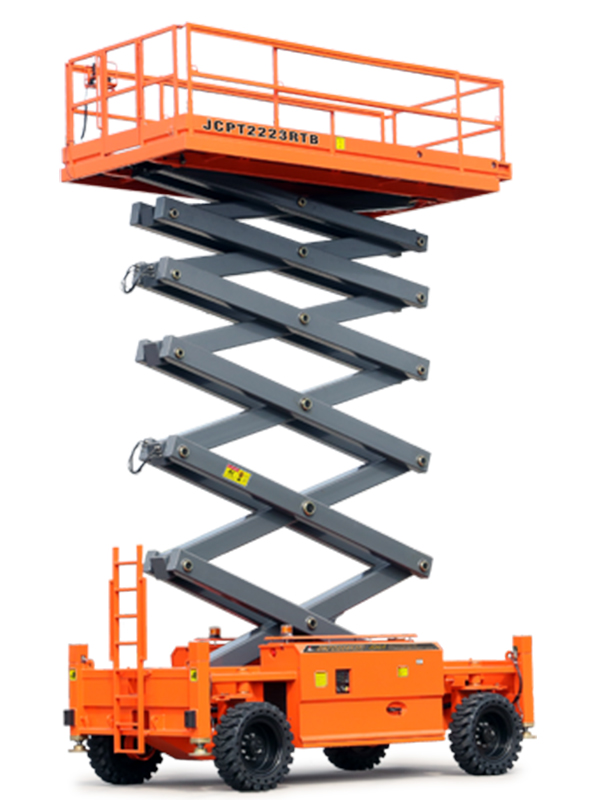 19m Diesel Scissor Lift Hire Being Used To Inspect A roof On Rough Terrain